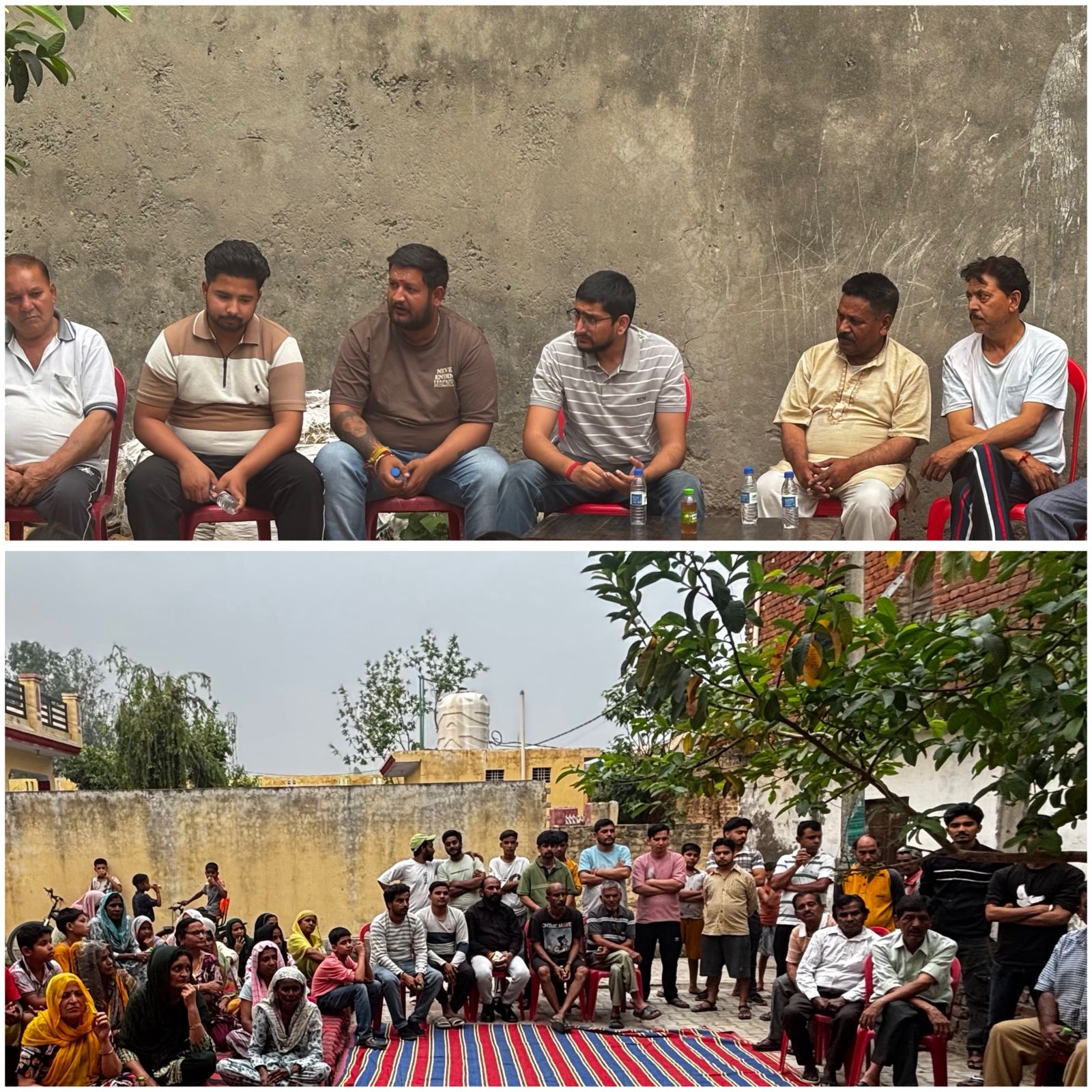 Informal discussion with people in a village setting (Collage of two images)